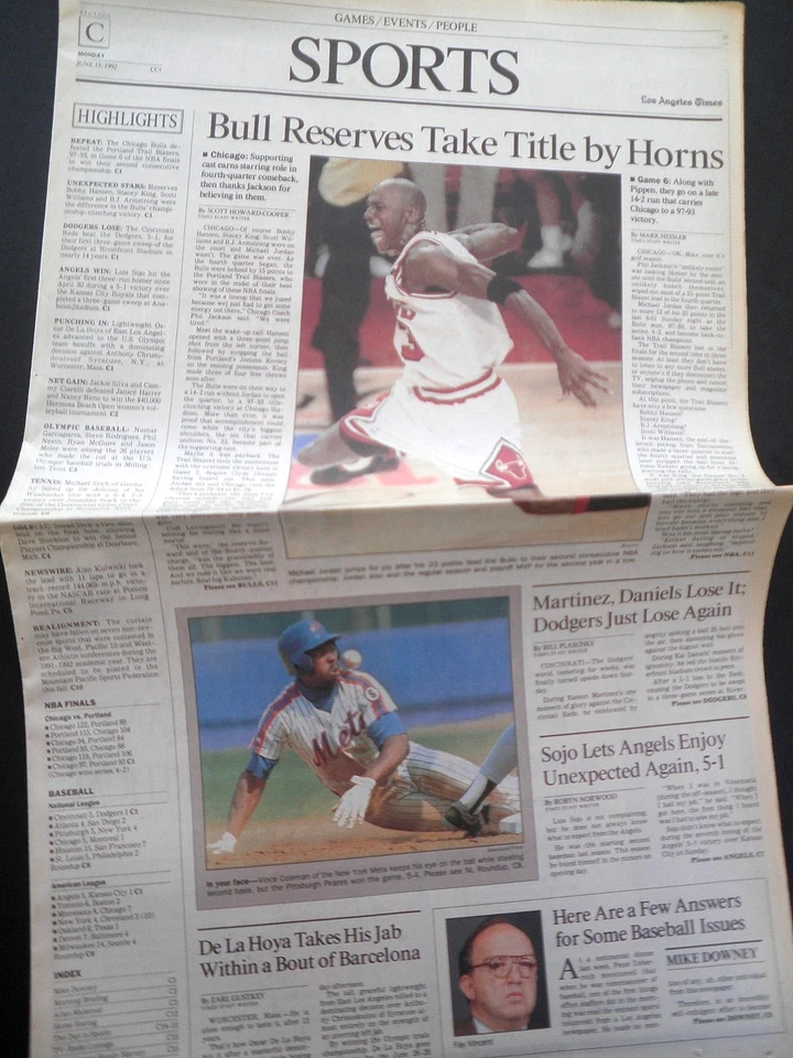 RARO BULLS MICHAEL JORDAN GANA SEGUNDO TÍTULO DE LA NBA 1992 PERIÓDICO DEPORTIVO ORIGINAL DE COLECCIÓN Foto 1 de 1