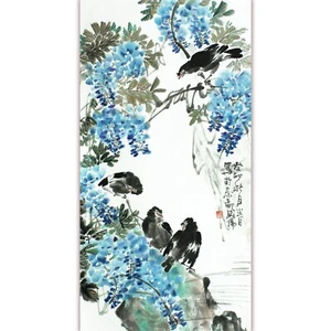 Yang Xiaochun(1960)-Hand-Painted Chinese Ink- Blue Wisteria & Birds - Picture 1 of 10