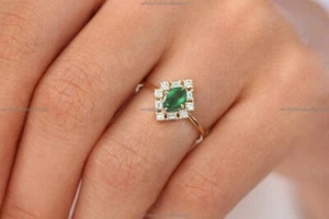 Emerald Diamond Unique Birthstone Band Engagement Ring 14k Gold Fine Jewelry - Picture 1 of 5