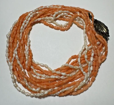 Collana Vintage In Argento Con Perle Di Biwa Rosa Corallo 8T Chunky 4H 5 - Immagine 1 di 4