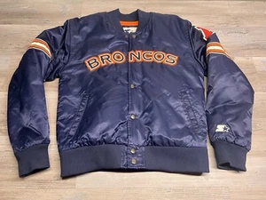 Giacca bomber vintage starter NFL Denver Broncos raso taglia L blu trapuntato anni 90 Y2K - Foto 1 di 9