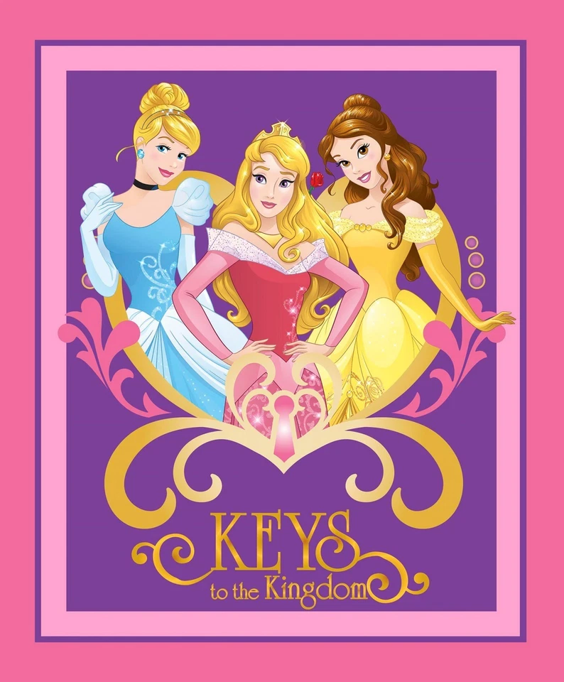 Disney Princess Cinderella Belle Aurora Keys To The Kingdom Panel Cotton Fabric - Imagem 1 de 1