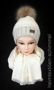 VEILO Schal + Mütze Bommel Strickmütze Fellbommel Damen Wintermütze gefüttert - Bild 1 von 4