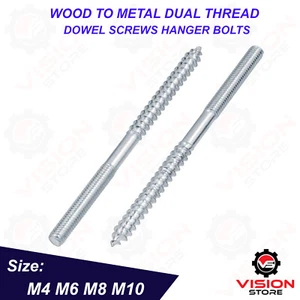 M4 M6 M8 Steel Wood To Metal Dowels Hanger Bolts Dual Thread Screws Furniture - Picture 1 of 13