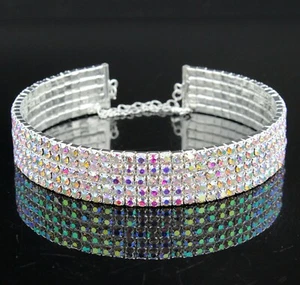 5-Row White AB Austrian Rhinestone Crystal Choker Necklace Party Silver N060AB - Picture 1 of 6