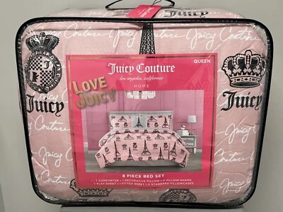 Juicy Couture 8 Piece QUEEN Bed Set Pink/Blk Eiffel Tower Comforter pillow + NWT - Image 1 of 4