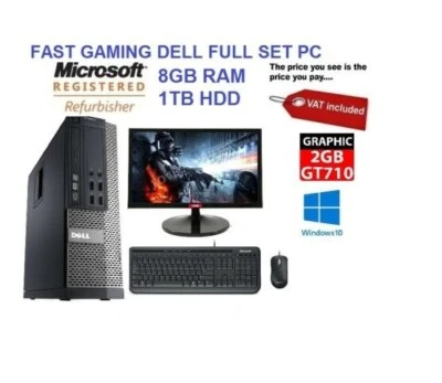 FAST GAMING DELL BUNDLE TOWER PC FULL SET COMPUTER SYSTEM INTEL i7 8GB 1TB GT730 - Image 1 of 4