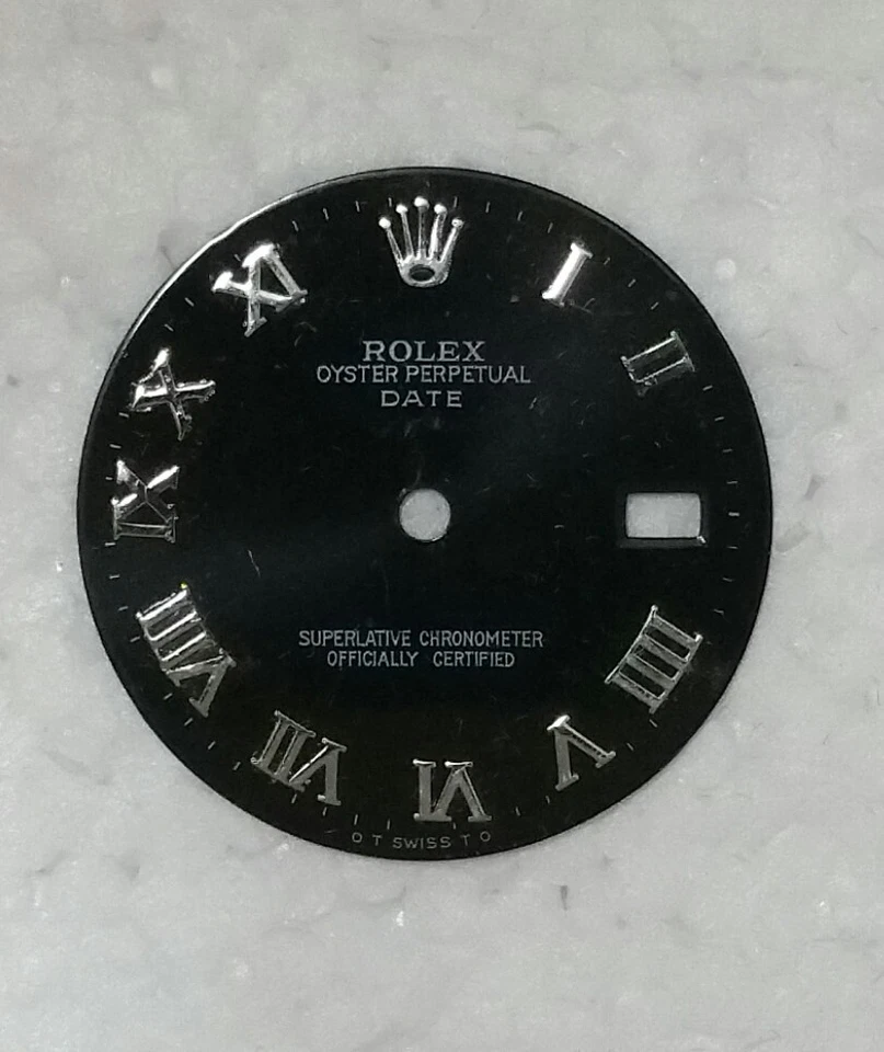 DIAL FOR ROLEX OYSTER PERPETUAL (DATE) BLACK COLOR WITH SILVER ROMAN NUMBERS - Image 1 of 3