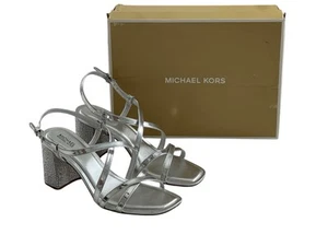 Michael Kors Womens Crystal Embellished Metallic Sandals Shoes Block Heel 7.5M - Picture 1 of 10