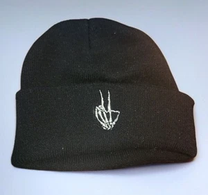 Skull OK Gesture Embroidered Ribbed Beanie Unisex Autumn Winter Warm Fashionable - Picture 1 of 1
