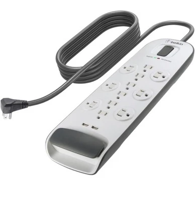 Belkin 12-Outlet Surge Protector Power Strip, 2 USB Ports, 6ft Cord, 3996 Joules - Image 1 of 4