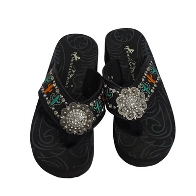 Montana West Women Wedge Rhinestone Flip Flop Sandals Size 7 Embroidered Black - Image 1 of 4