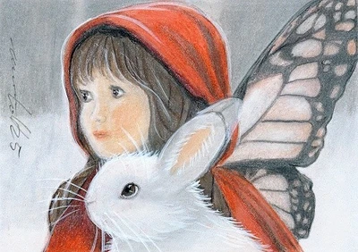 ACEO origi. pastel drawing Little Red Riding Hood bunny fairytale by Anna Hoff - Image 1 of 2