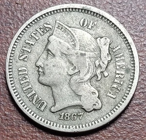 1867 Three Cent Nickel Choice Fine+ nr. VF No Issues 19th Century Type Coin - Picture 1 of 2