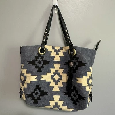 Lucky Brand Aztec Denim Purse Boho Blue Black Leather - Image 1 of 4