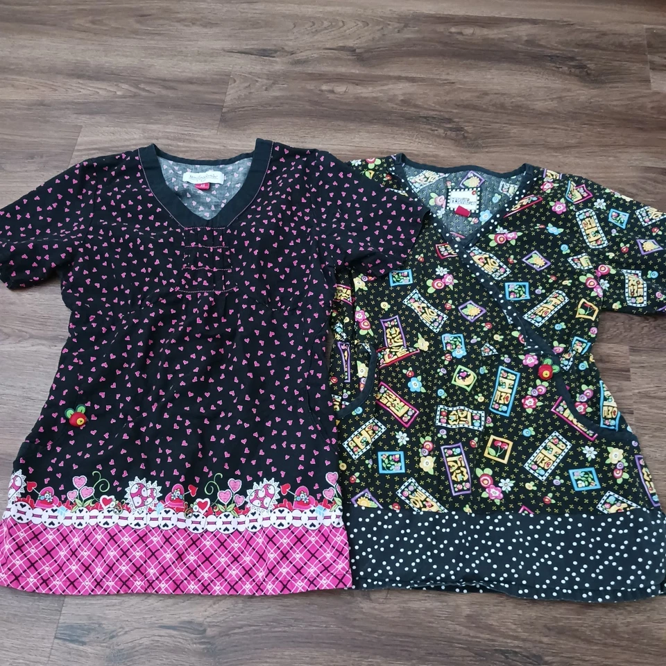 Lot of 2 MARY ENGELBREIT Size XS Medical Scrub Top Shirt Black Hears Flowers - Image 1 of 3