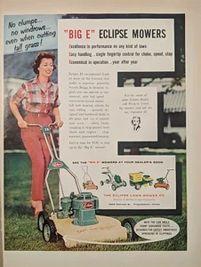 1959 Vintage Big E Eclipse Lawnmower Print Ad, Lady Mowing Lawn - Imagen 1 de 1