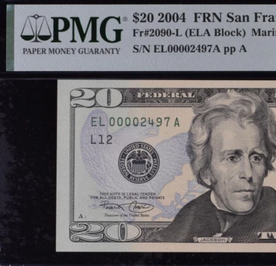 2004 $20 Federal Reserve Note PMG 64EPQ wanted popular low serial number 0002497 - Image 1 of 3
