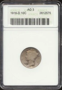 1916-D Mercury Dime ANACS AG 3 - Picture 1 of 2