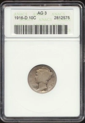 1916-D Mercury Dime ANACS AG 3 - Image 1 of 2