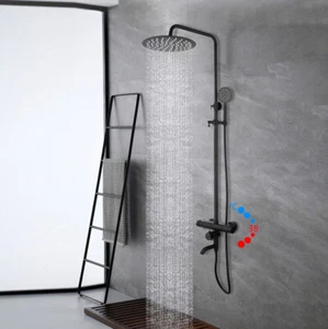 Black Wall Mount Thermostatic Shower Facuet Set Rainfall Head 3-Way Mixing Valve - Picture 1 of 12