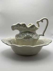 Vintage Arner's White Iridescent Pitcher And Basin 9” - Picture 1 of 12