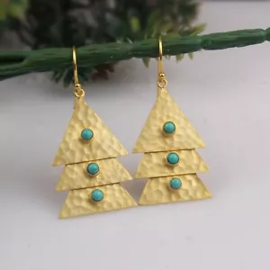 Handmade Hammered Turquoise Earring 18k Gold Plated Triangle Tree Earrings - Picture 1 of 6