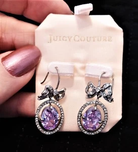 Vintage Y2K JUICY COUTURE Platinum Plated Earrings Bow Center CZ w Pave Drop NEW - Picture 1 of 18