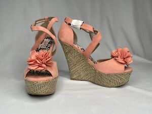 New Qupid Wedge Pink Floral Sandal 7 Ankle Strap