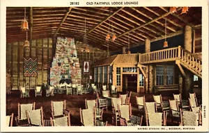 Old Faithful Lodge Interior Glacier National Park Montana Postcard Haynes - Picture 1 of 2