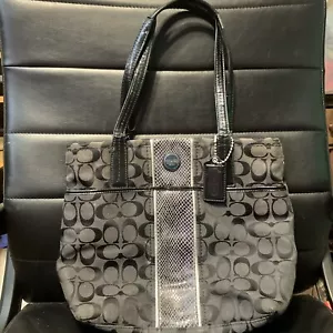 Coach Signature Python Print Stripe Tote Bag Purse Black F25706 - Picture 1 of 6