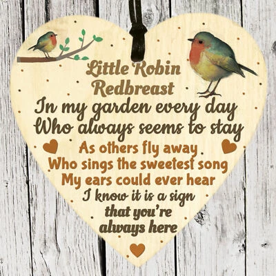 Memorial Gift Robin Redbreast Bereavement Family Plaque Grave Wooden Heart Sign