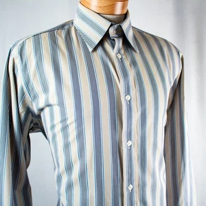FACONNABLE blau weiß beige gestreift Baumwolle Herren Hemd Größe 16,5, L - Bild 1 von 10