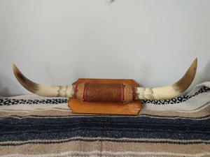 Vintage montiert Lenk Longhorn Stier Hörner Leder Seil Holz authentisch Western rustikal - Bild 1 von 13