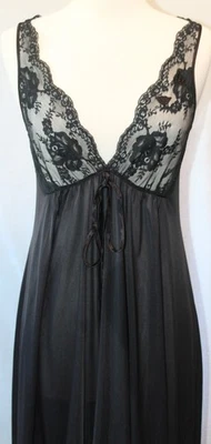 Vintage Lucie Ann Black Nylon Nightgown Petite USA V neck Lace Long - Image 1 of 4