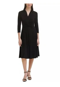Neu mit Etikett Tommy Hilfiger Damen schwarz Twist Front Calf Midikleid Arbeit Büro 4645e - Bild 1 von 13