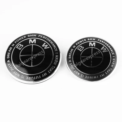 🔥2X Fit B-M-W Badg Front Hood & Rear Trunk Emblems 82mm&74mm Black 51148132375 Foto 1 de 4