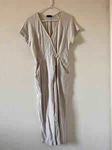 VICI Leinenmischung Jumpsuit Damen Large Beige Wickeloptik Vorne Freizeit Elegant Relaxed - Bild 1 von 13