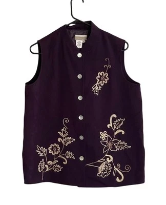 Vintage Coldwater Creek Vest Medium Deep Purple Embroidered Floral Velvet - Image 1 of 4