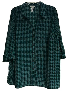 CATHERINES 1X 18W 20W Green Black Houndstooth Blouse Button up Collar - Picture 1 of 11