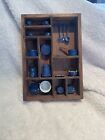 Dollhouse Miniatures China Shelf Case with Attached Blue Enamel Cookware Set