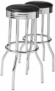 Set of 2 Retro Style Faux Leather and Chrome Finish Swivel Bar Stool Chair - Picture 1 of 6