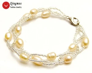 5-6mm Pink Rice Pearl & Crystal Handwork Weave Bracelet for Women Jewelry bra432 - Picture 1 of 6