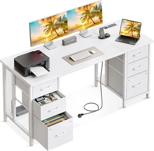 160cm Computer Desk with 2 File Cabinets and 4 Fabric Drawers, Home Office Desk - Picture 1 of 9