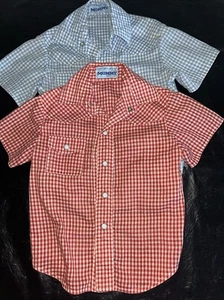 2 70s Boy Girl Gingham Shirt Pearl Snap Red Blue Check 3-4T Western Rockabilly - Picture 1 of 10