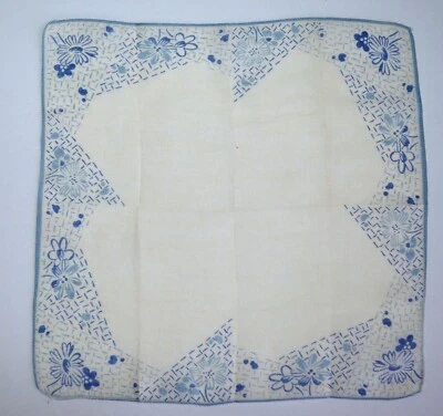 VINTAGE HANKIE 1920s COUNTRY FARMHOUSE GEOMETRIC FLORALS BLUE & WHITE COTTON - Image 1 of 4