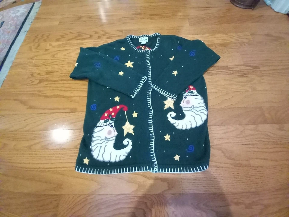 Christmas Sweater Women L Green Santa Moon Angora Lamb Wool Quacker Factory - Image 1 of 4