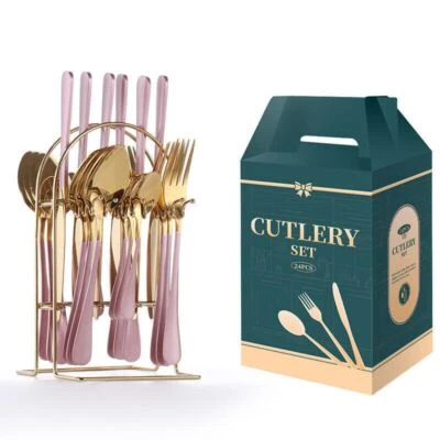 24-teiliges Besteck Geschirrset Edelstahl Metall Ständer Gestell Gabeln Teelöffel poliert - Bild 1 von 4