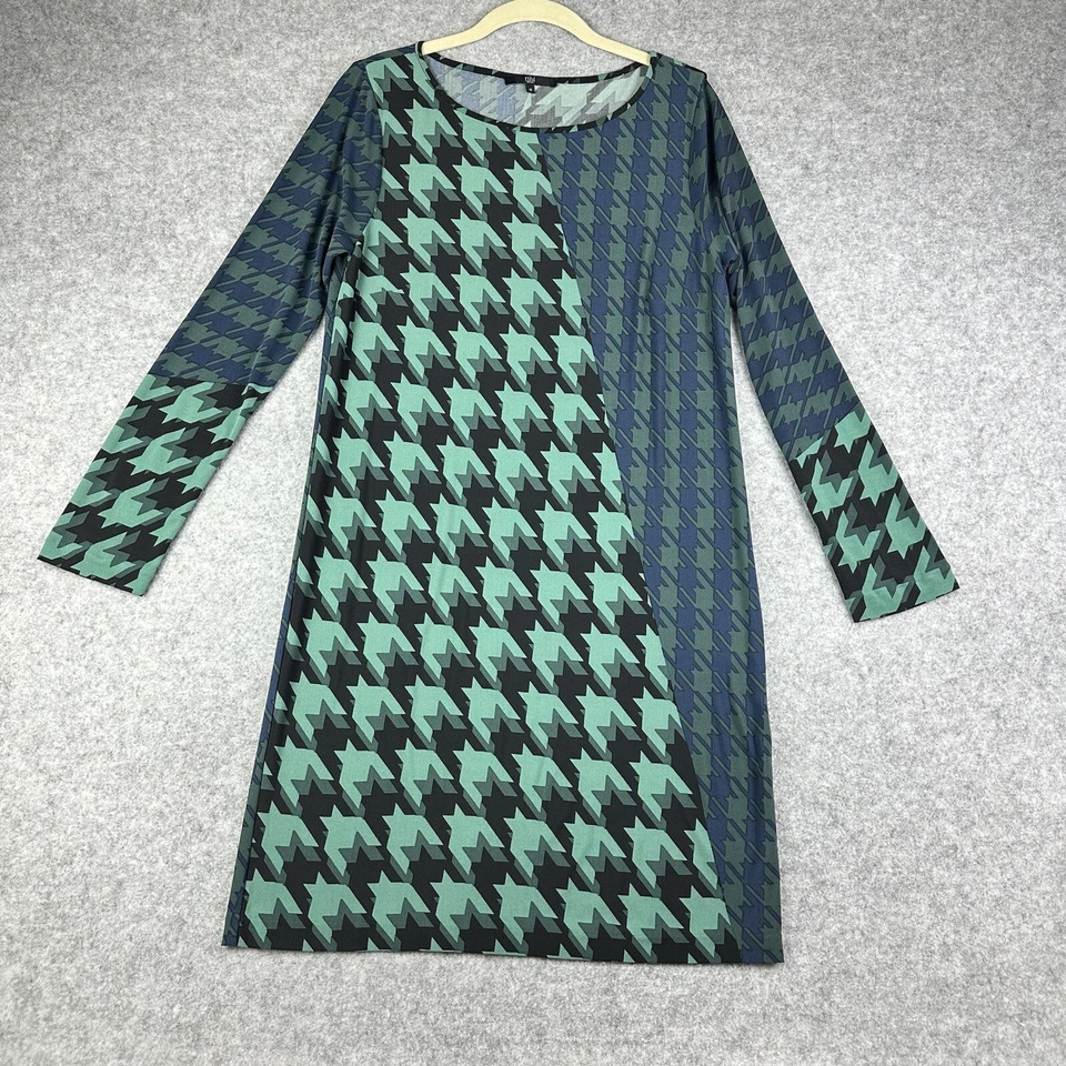 Vestido Tibi Mujer M Verde Azul Geométrico Pata de Gallo Manga Larga Carrera Diaria* Foto 1 de 4
