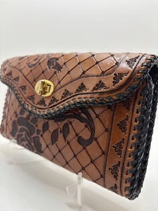 Portafoglio donna vintage in pelle lavorato a mano pochette tripiega rose marroni - Foto 1 di 7